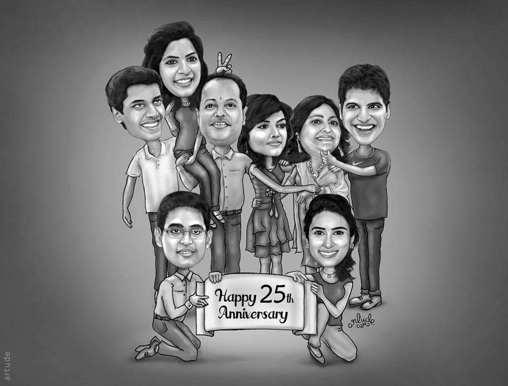 family caricature for wedding anniversary gift