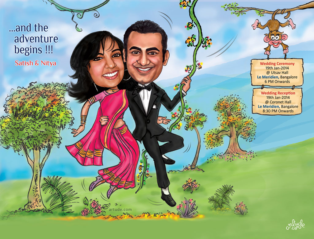 cricket theme wedding invite with caricature 