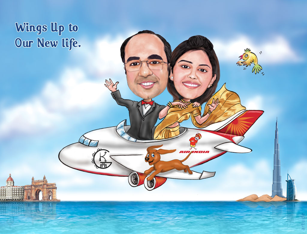 aeroplane theme wedding invite with caricature 